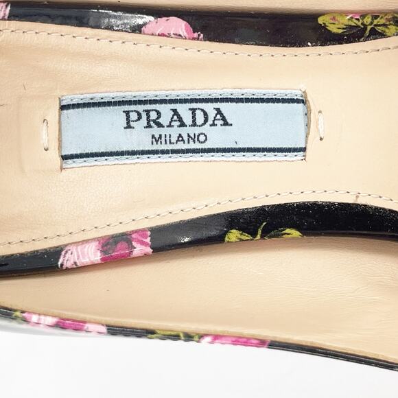 Prada Black Pink Patent Leather Rose Floral Print Pointed Toe Pump Heel IT 37 - Picture 10 of 12